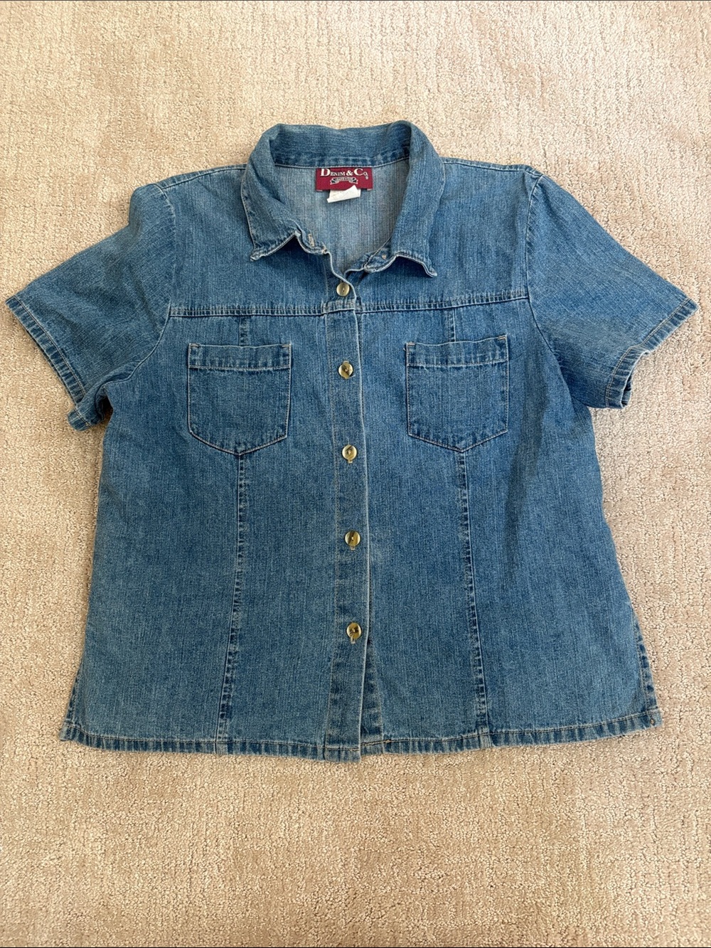 Denim&Co Short-Sleeve Jean Top in Classic Blue Womens Large Cotton